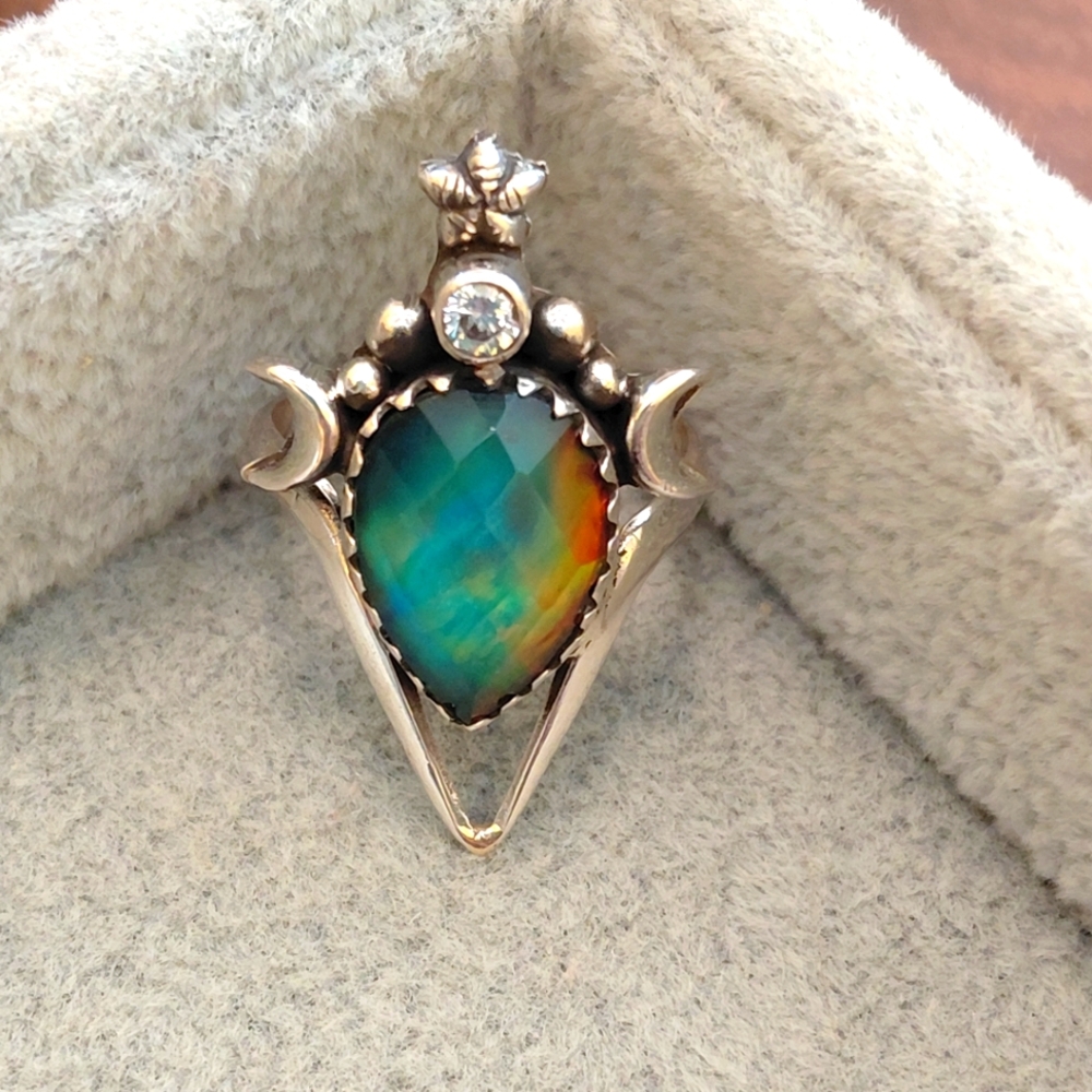 Fiery Aurora Opal Faceted Sterling Silver Statement Ring
